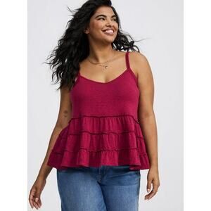 NWT TORRID Tired Babydoll Cani Top Plus Size 1X Berry Red Stretch Comfort Ruffle